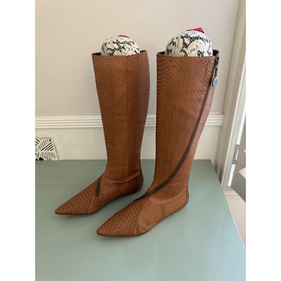 Dani Black Textured Snakeskin Python Zipper Brown Leather Tall Boots Sz 7.5 M - Picture 7 of 11